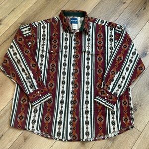 Vintage Wrangler Pearl Snap Western Shirt XXL Striped Aztec Rodeo Brushp…
